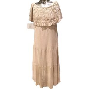 Soft Surroundings Dress‎ Medium Petite Maxi Off Shoulder Oatmeal Crochet Cottage
